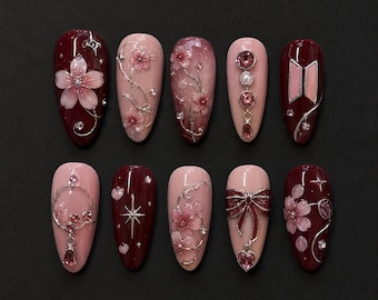 Faux ongles BTS ARIRANG Fleur de cerisier, OT7 Ongles en gel floraux coréens, Kit d'ongles bordeaux pour concert, Cadeau fait main pour les fans ARMY
