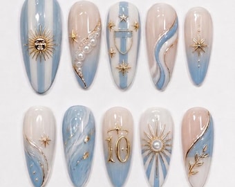 Uñas postizas de fútbol argentino / Uñas postizas 2D con sol azul y blanco / Set de uñas inspirado en el fútbol / Uñas reutilizables hechas a mano para el día del partido