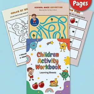 Könnte beinhalten: Ein Kinder-Arbeitsheft mit einem bunten Cover, das Zeichentrickfiguren, Äpfel und ein Schulgebäude zeigt. Das Set enthält zusätzliche Lernblätter mit einem Malen-nach-Zahlen-Schmetterling, einem Schullabyrinth und Obst-Zählaufgaben.
