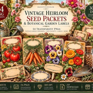 Könnte beinhalten: Eine digitale Sammlung von 54 alten Saatguttüten und botanischen Gartenetiketten im PNG-Format. Das Set enthält Illustrationen von Tomaten, Karotten und Stiefmütterchen mit leeren, verzierten Rahmen für Text und dekorativen Gartenelementen.