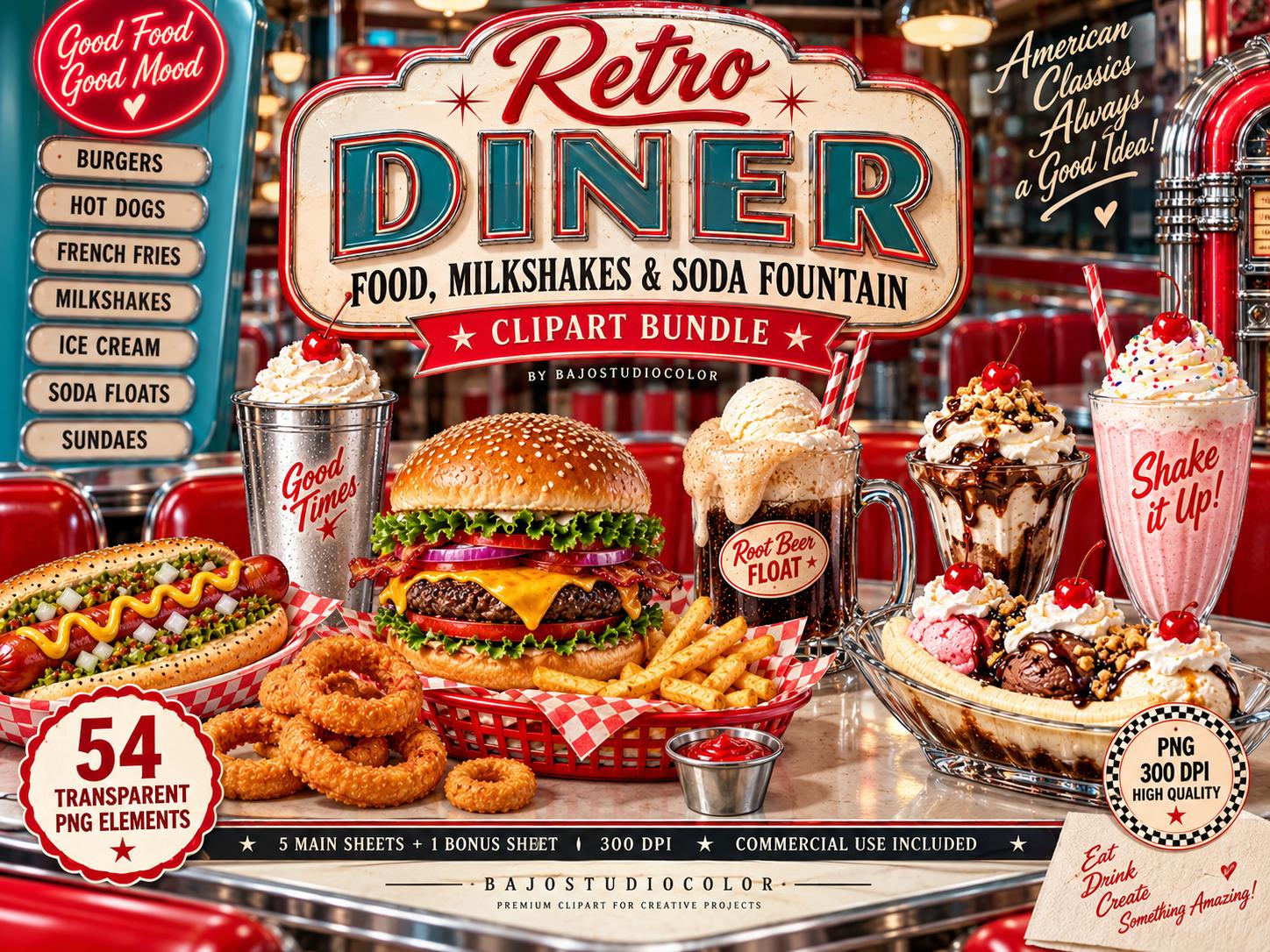 Retro Diner Food Clipart Bundle, 54 PNGs, Burgers, Milkshakes, Sundaes ...