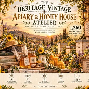 以下が含まれることがあります： The Heritage Vintage Apiary & Honey House Atelierと題されたデジタル画像。蜂蜜の瓶、巣箱、ヒマワリ、野花が描かれています。テキストには1,260個の透明なPNG要素、100枚のメインシート、300 DPIと記載されています。