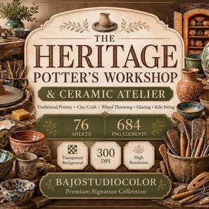 May include: A digital graphic set titled The Heritage Potter's Workshop & Ceramic Atelier featuring 76 sheets and 684 PNG elements. The design displays various ceramic bowls, mugs, vases, and pottery tools in earthy tones with floral patterns.