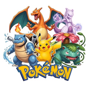May include: A colorful graphic illustration featuring the yellow Pikachu in the center, surrounded by the blue Blastoise, orange Charizard, purple Mewtwo, and green Venusaur. The yellow and blue Pokémon logo is positioned at the bottom.