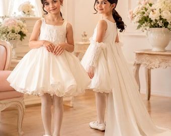 Toddler Girl White Flower Girl Dress for Weddings, Birthdays, Princess Parties & Special Occasion Gif