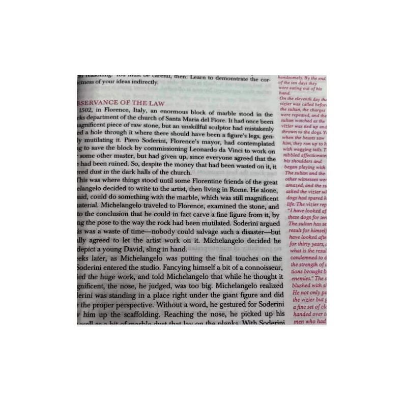 May include: A page of printed text featuring the title OBSERVANCE OF THE LAW in red ink. The text details the historical account of Michelangelo creating the statue of David from a discarded block of marble in Florence, Italy, in 1502.