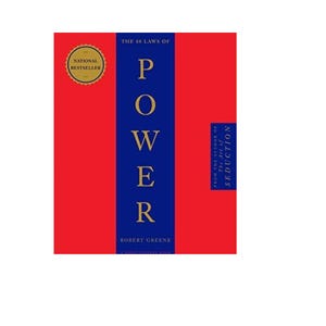 May include: A book titled The 48 Laws of Power by Robert Greene with a bright red cover and a central vertical blue stripe. The title is printed in gold capital letters. A gold circular seal reads National Bestseller on the top left corner.
