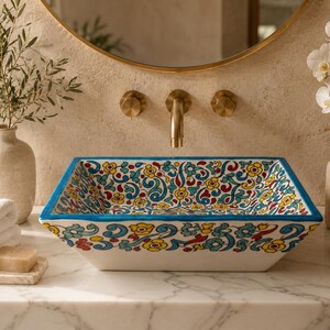 Handmade Moroccan Ceramic Vessel Sink: Rectangular Artisan Bathroom Basin, Colorful Floral Decor