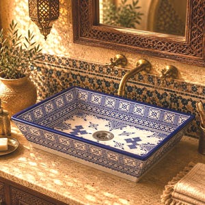 Lavabo de baño de cerámica marroquí hecho a mano, azul y blanco, rectangular, para encimera.