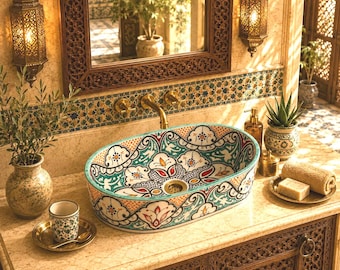 Lavabo ovale in ceramica marocchino realizzato a mano, lavabo di lusso per bagno, lavabo artigianale fatto a mano