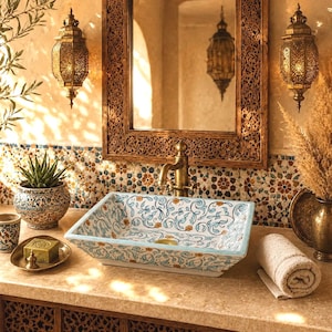 Handmade Moroccan Ceramic Vessel Sink Rectangular Bathroom Vanity Basin Artisan Countertop Washbasin Floral Design