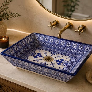 Lavabo de baño de cerámica marroquí hecho a mano, azul y blanco, rectangular, para encimera.