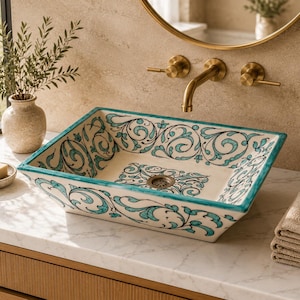 Handmade Moroccan Ceramic Vessel Sink, Rectangular Turquoise Vanity Basin, Artisan Decor