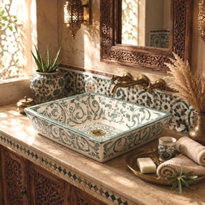 Vasque à poser en céramique marocaine faite à la main, vasque rectangulaire turquoise, décoration artisanale