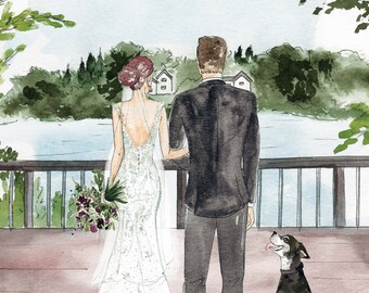 Illustrated Wedding Portrait. Bridal Sketch. Bride and Groom Commemorative Gift. Hand Painted Wedding Dress. Wedding Portrait with Pet
