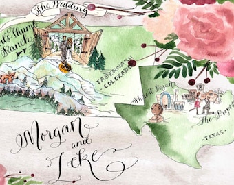 Whimsical Wedding Map Love Story Map Custom Illustration for Bride and Groom Unique Wedding Guest Book