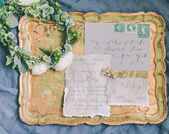 Moody Calligraphy Invitations on Torn Paper with Watercolor Detaling