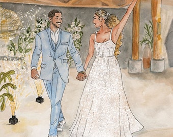 Illustrated Wedding Portrait. Bridal Sketch. Bride and Groom Commemorative Gift. Hand Painted Wedding Dress. Wedding Portrait with Pet