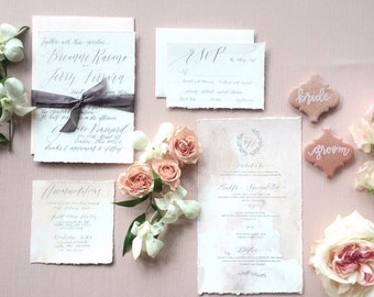 Custom Hand Lettered in Calligraphy Wedding Invitation Suite Hand Torn Cotton Paper