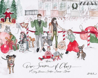 Illustrierte Weihnachtskarte Personalisiertes Familienporträt für Weihnachtskarte