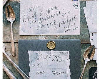 Earthy Organic Hand Torn Paper Wedding Invitation Suite Calligraphy with Watercolor Splatter Background