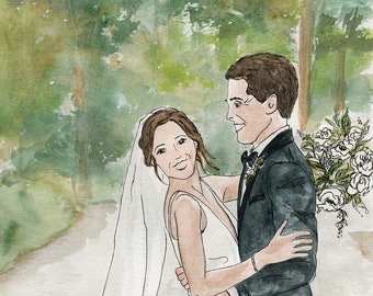 Illustrated Wedding Portrait. Bridal Sketch. Bride and Groom Commemorative Gift. Hand Painted Wedding Dress. Wedding Portrait with Pet