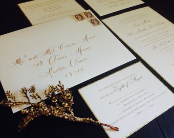 Wedding Calligraphy Envelope Addressing. Hand lettered Gold Ink by Professional Calligrapher for Outer and Inner Envelopes