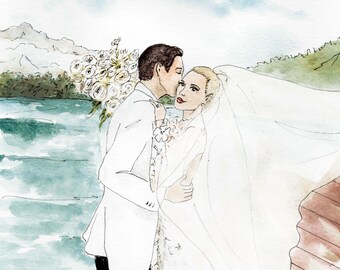 Illustrated Wedding Portrait. Bridal Sketch. Bride and Groom Commemorative Gift. Hand Painted Wedding Dress. Wedding Portrait with Pet