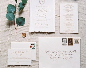 Custom Hand Lettered in Calligraphy Wedding Invitation Suite Hand Torn Hand Made Paper
