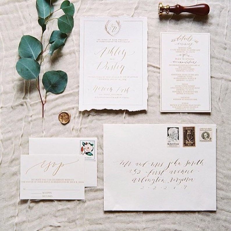 Custom Hand Lettered in Calligraphy Wedding Invitation Suite Hand Torn Hand Made Paper image 1