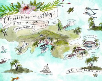 Tropical Wedding Map Illustrated Island Beach Getaway Map