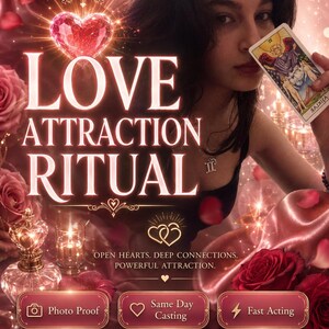 May include: A digital graphic featuring the text LOVE ATTRACTION RITUAL, OPEN HEARTS. DEEP CONNECTIONS. POWERFUL ATTRACTION. and By Amalia. The image includes a glowing red heart, red roses, a perfume bottle, and a tarot card with the text AŞIKLAR.