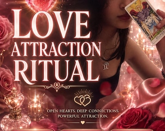 Puede incluir: Un gráfico digital con el texto LOVE ATTRACTION RITUAL, OPEN HEARTS. DEEP CONNECTIONS. POWERFUL ATTRACTION. y By Amalia. La imagen incluye un corazón rojo brillante, rosas rojas, un frasco de perfume y una carta del tarot con el texto AŞIKLAR.