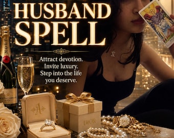 Puede incluir: Un gráfico promocional con el texto RICH HUSBAND SPELL, Attract devotion. Invite luxury. Step into the life you deserve. By Amalia. Incluye una botella de champán, un anillo en un estuche, una caja de regalo Dior, un collar de perlas y un reloj.