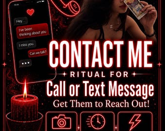 Puede incluir: Un gráfico digital con un icono de teléfono de neón rojo, un teléfono inteligente que muestra mensajes de texto y una vela roja encendida. El texto dice: CONTACT ME RITUAL FOR Call or Text Message Get Them to Reach Out! PHOTO PROOF SAME DAY CASTING FAST ACTING HANDCRAFTED BY AMALIA.