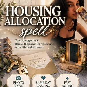 Könnte beinhalten: Eine digitale Grafik mit dem Titel Housing Allocation Spell, die einen goldenen Hausschlüsselanhänger, einen Umschlag mit der Aufschrift Approved, eine Miniaturtür mit Fußmatte sowie drei Symbole für photo proof, same day casting und fast acting zeigt.