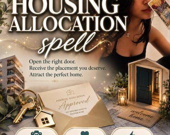 Puede incluir: Un gráfico digital titulado Housing Allocation Spell que muestra un llavero de casa dorado, un sobre etiquetado como Approved, una puerta en miniatura con un felpudo y tres iconos para photo proof, same day casting y fast acting por Amalia.