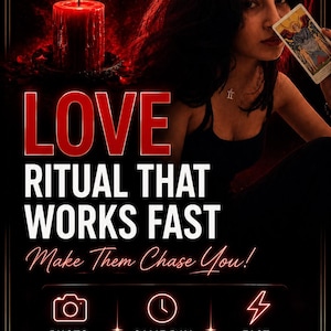 以下が含まれることがあります： 赤いキャンドル、タロットカードを持つ人物、そして「LOVE RITUAL THAT WORKS FAST Make Them Chase You!」というテキストが書かれたプロモーション画像。PHOTO PROOF、SAME DAY CASTING、FAST ACTINGのアイコンと「HANDCRAFTED BY AMALIA」のテキストが表示されています。