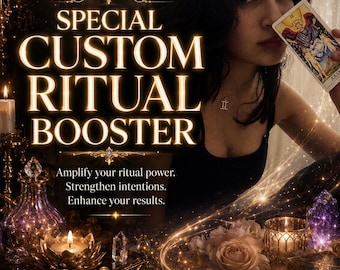 Puede incluir: Un gráfico promocional titulado SPECIAL CUSTOM RITUAL BOOSTER con el texto Amplify your ritual power. Strengthen intentions. Enhance your results. Incluye botones para Photo Proof, Same Day Casting y Fast Acting by Amalia.
