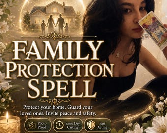 Puede incluir: Un gráfico digital con el texto FAMILY PROTECTION SPELL, Protect your home. Guard your loved ones. Invite peace and safety. By Amalia. La imagen incluye una casa brillante, flores blancas, una vela encendida y una carta del tarot.