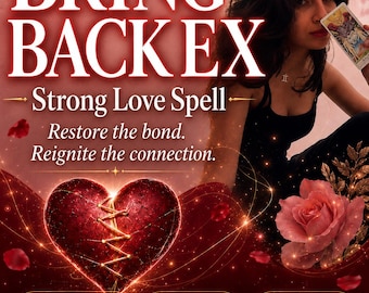 May include: A digital graphic featuring the text BRING BACK EX, Strong Love Spell, Restore the bond. Reignite the connection. It includes a red heart with gold stitching, a rose, and a person holding a tarot card. Bottom buttons read Photo Proof, Same Day Casting, and Fast Acting.