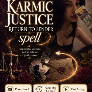 Può includere: Un grafico digitale con il testo Karmic Justice Return to Sender spell, una bilancia della giustizia dorata, uno specchio infranto, una busta sigillata e una carta dei tarocchi. Il design include rose rosso scuro ed effetti luminosi con etichette.