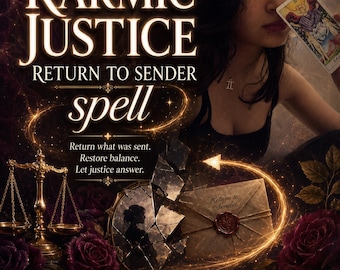 Puede incluir: Un gráfico digital con el texto Karmic Justice Return to Sender spell, una balanza de justicia dorada, un espejo roto, un sobre sellado y una carta del tarot. El diseño incluye rosas de color rojo oscuro y efectos de luz con etiquetas.
