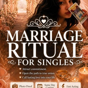 Peut inclure: Une publicité numérique intitulée MARRIAGE RITUAL FOR SINGLES montrant une personne tenant une carte de tarot. Le texte inclut Attract commitment, Open the path to true union, Call lasting love into your life, Photo Proof, Same Day Casting, Fast Acting.