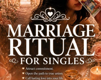 Puede incluir: Un anuncio digital titulado MARRIAGE RITUAL FOR SINGLES que muestra a una persona sosteniendo una carta del tarot. El texto incluye Attract commitment, Open the path to true union, Call lasting love into your life, Photo Proof, Same Day Casting, Fast Acting.