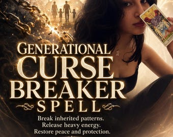 Puede incluir: Un gráfico digital con el texto Generational Curse Breaker Spell, Break inherited patterns, Release heavy energy, Restore peace and protection, Photo Proof, Same Day Casting, Fast Acting, By Amalia, con una carta del tarot y una familia.