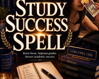Puede incluir: Un gráfico digital con el texto STUDY SUCCESS SPELL, un cuaderno de plan de estudio, un bolígrafo negro, una pila de libros etiquetados Mindset, Strategy, Success, una taza azul y una persona sosteniendo una carta de tarot con I CAN. I WILL. I DID.