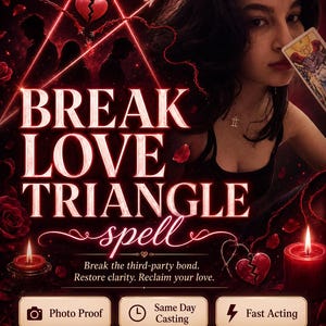 May include: A digital graphic featuring the text BREAK LOVE TRIANGLE spell, with a broken heart icon, red roses, and two lit candles. The image includes buttons labeled Photo Proof, Same Day Casting, and Fast Acting, with the text By Amalia below.
