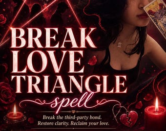 Puede incluir: Un gráfico digital con el texto BREAK LOVE TRIANGLE spell, un icono de corazón roto, rosas rojas y dos velas encendidas. La imagen incluye botones con Photo Proof, Same Day Casting y Fast Acting, con el texto By Amalia en la parte inferior.