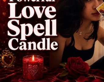 Puede incluir: Una vela de cera roja en un frasco de vidrio con un emblema de corazón, encendida. El texto dice Powerful Love Spell Candle, Photo Proof, Same Day Casting, Fast Acting y By Amalia. Una rosa roja y un marco dorado en forma de corazón están cerca.